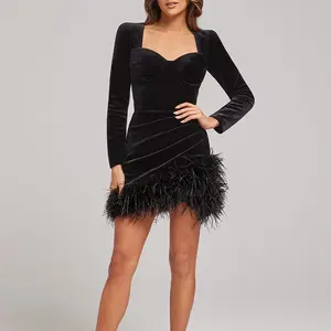 Velvet Mini Dress Women's Long Sleeve Feather Hem Wrap Dress Elegant Bodycon Ruched Cocktail Party Dress