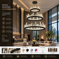 Lustre moderne de luxe à plusieurs niveaux avec anneaux en cristal, cadre noir, grand luminaire suspendu rond pour hall d'hôtel, villa, éclairage d'escalier