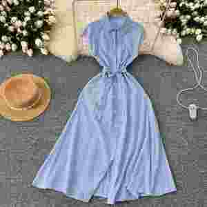 Vestido Midi Casual de Verano para Mujer, a Rayas, Tejido, Transpirable, Sostenible, Lavable, Antiestático, Corte A, Cintura Imperio, Sin Mangas, Ajustado - Product Image 3