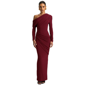 Abito Elegante da Donna a Maniche Lunghe, Monospalla Drappeggiato, Aderente, con Logo Personalizzato - Product Image 5