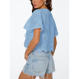Chemisier d'été pour femme à manches courtes en mousseline de soie, avec nœud sur le devant, broderie ajourée, style bohème, idéal pour les vacances à la plage - Product Image 4