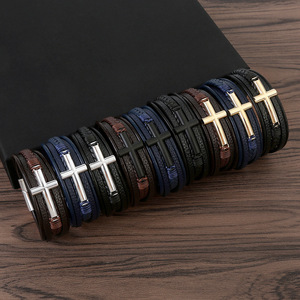 Pulsera Geométrica de Hierro Más Vendida con Piedra Natural y Accesorios de Cruz de Aleación, Estilo Pañuelo de Hombre Tejido a Mano - Product Image 1
