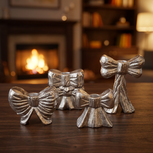 Sonnet Decor <b>Silver</b> Bow Handmade Aluminum <b>Candlestick</b> Holder Set for Christmas Home Decoration Durable Design - Product Image 1