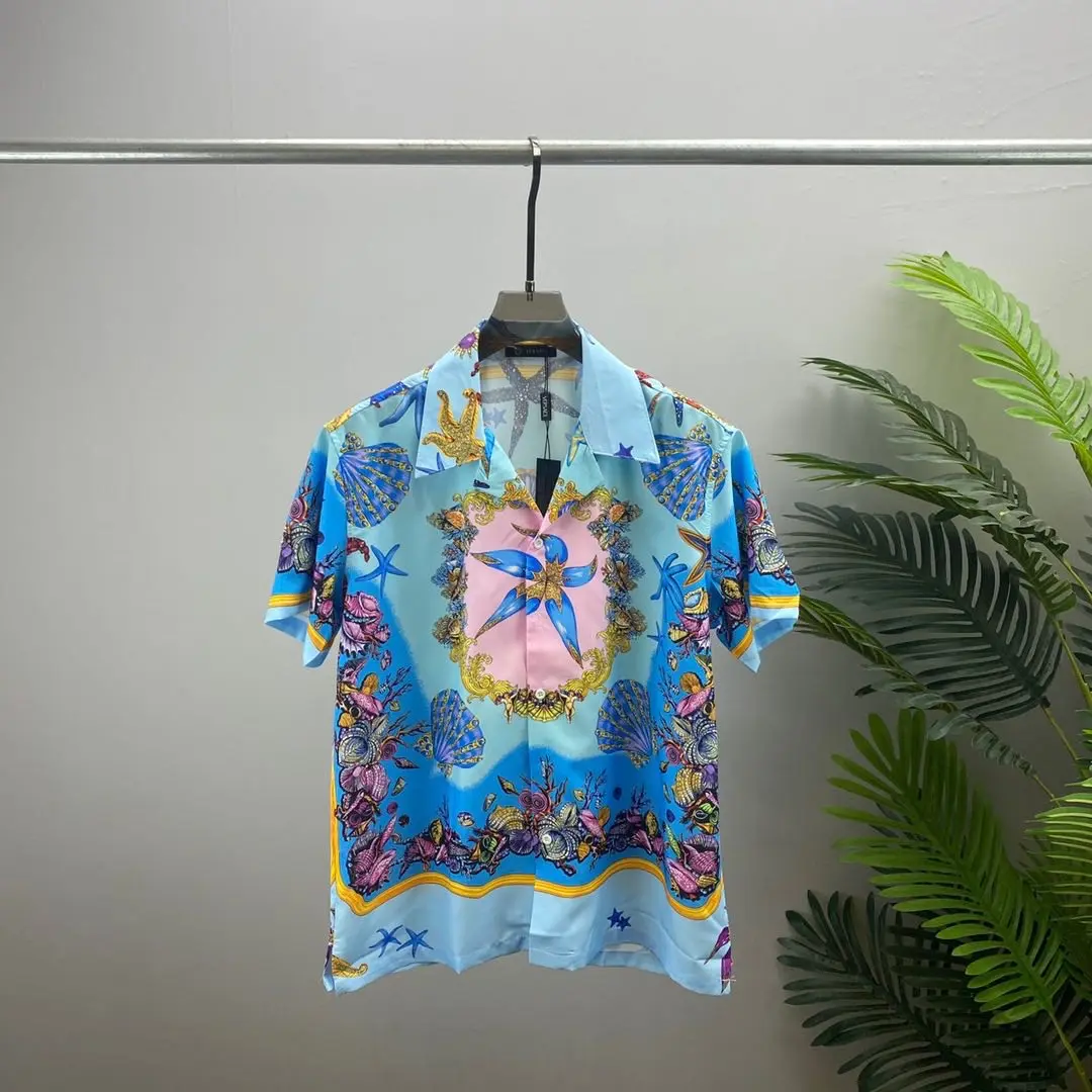 summer new 3D digital print T-shirt Lapel shirt open lining Men's Long Sleeve Turn-down Satin Shirt Silk Chinese