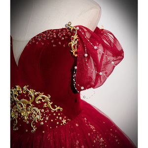 Burgundy Ball Gown Off The Shoulder Sweetheart Neckline Sequins Vintage Wedding Dress Women's Evening Gown Claret Color - Product Image 3