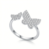 Bague double papillon ouverte en argent sterling 925 avec zircon pour femme, fabrication sur mesure