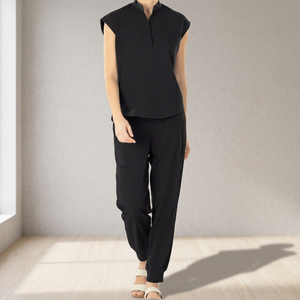 <b>Women</b> <b>Black</b> <b>Scrub</b> Set Cotton Polyester Woven Hospital Uniform Pants Sleeveless Top - Product Image 3