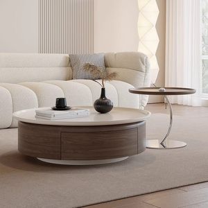 Italian Minimalist Round Coffee <b>Table</b> Set <b>Walnut</b> Wood Veneer Artistic Vintage Style Light Luxury Designer Living Room Home - Product Image 1