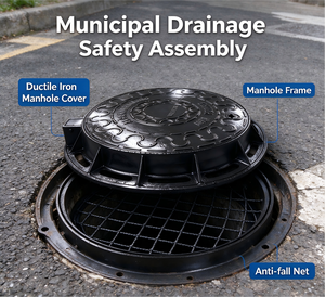 Grille de drainage en <span class=keywords><strong>fonte</strong></span> ductile ronde avec maille anti-chute en acier EN124 B125 C250 pour caniveau de drainage routier municipal - Product Image 1