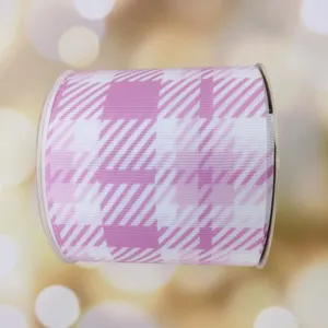 RIMIS company hot seller printed Grosgrain Ribbon The plaid stripes intersect Glow In pink