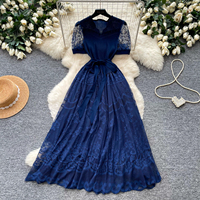 Robe midi élégante vintage en dentelle ajourée pour femme, à manches courtes, avec ceinture à la taille, robe d'été