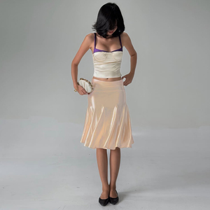 Jupe midi élégante et sexy en satin drapé, taille basse, coupe trapèze, couleur unie, polyvalente, style luxe léger français - Product Image 2