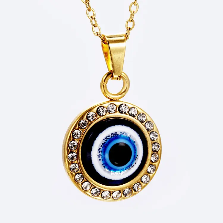 Hot Selling Gold Plated Stainless Steel Turkish Blue Eye Necklace Rhinestone Crystal Round Evil Eyes Vintage Necklace