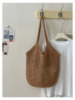Sac fourre-tout en crochet pour femme, fait main en coton, sac de marché, sac à main à maille ouverte motif losange avec bandoulière intégrée, sac bohème