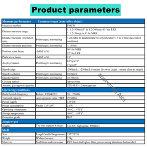Interface CAN double faisceau radar à ondes millimétriques 77GHz-200 km/h + 250 km/h 300m avec précision distance/vitesse/angle/état de mouvement - Product Image 3