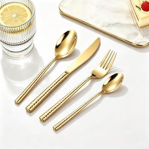 Ensemble de couverts cylindriques en acier inoxydable 304 avec manches martelés, couteau, fourchette et cuillère polis miroir pour mariage, restaurant, hôtel - Product Image 3