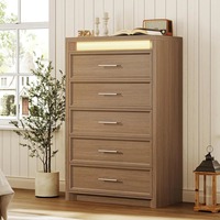 Commande en gros, MOQ élevé, commode en bois brun à 5 tiroirs avec lumière LED, poignées en métal