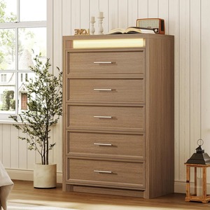 Commande en gros, MOQ élevé, <span class=keywords><strong>commode</strong></span> en bois <span class=keywords><strong>brun</strong></span> à 5 tiroirs avec lumière LED, poignées en métal - Product Image 1