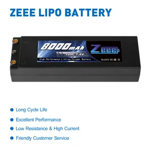 Zeee 2S 8000mAh लिपो बैटरी 7.4V 100C हार्ड केस लिपो पैक 1/8 1/10 RC कार मॉडल स्लैश बग्गी के लिए 4mm बुलेट टी प्लग के साथ