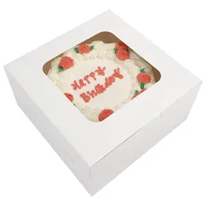 チョコレートで覆われたイチゴとペストリーデザートの包装箱用のウィンドウクッキーボックス付きの8インチの正方形の白いケーキボックス
