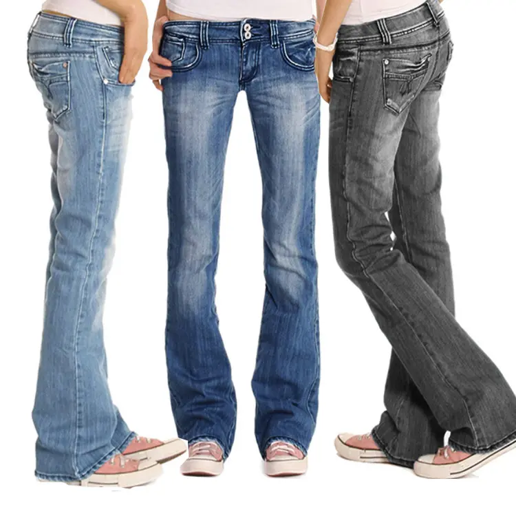 Son tasarım özel marka yüksek bel çan alt Fit kadın kot pantolon alevlendi pantolon