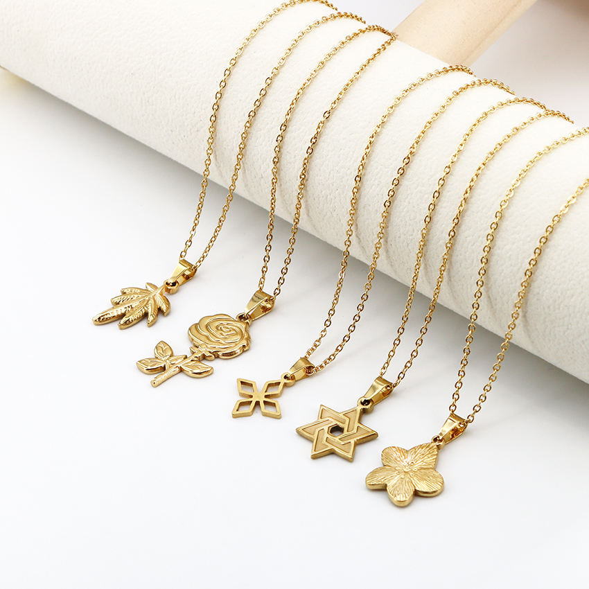 Wholesale Fashion Trend Original Stainless Steel Jewelry Gold-plated Leaves  Hexagonal Star Rose Pendant Necklace