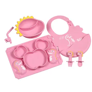 Toddler Dishes Set Silicone Suction Bowls Bowls Bibs Divided Plates Straw And Spoon Set Baby Feeding Set