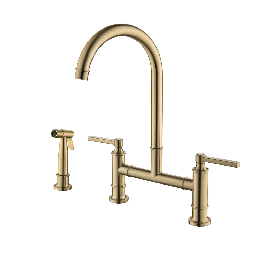 Modern gold sink mixer tap double handle two lever luxury kitchen faucet with pull-down sprayhead