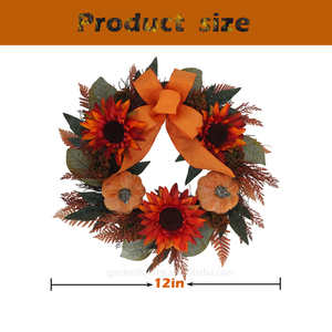 Artificial 12" Fall Autumn <b>Wreath</b> Harvest Decor <b>Wreath</b> with Sunflower&Pumpkin Bow Ornaments for Thanksgiving - Product Image 2