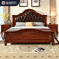 Lit en bois massif de style américain avec sommier à lattes en cuir véritable, démontable, capitonné, style colonne romaine pour chambre à coucher