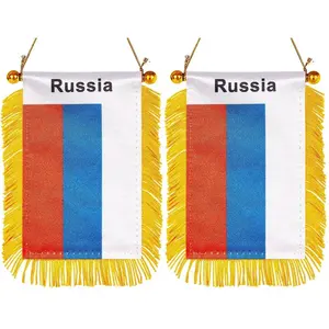 Sıcak satış rusya çift taraflı saten promosyon araba dikiz Mini flama afiş rusya federasyonu araba bayrakları ile püsküller