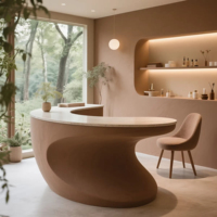 Comptoir de réception circulaire moderne extensible imprimé en 3D sur mesure, beige, avec surface effet pierre premium en PETG pour centre commercial