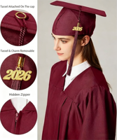Robe de graduation noire mate respirante, chapeau, écharpe, uniforme scolaire unisexe adulte, personnalisable, 100% polyester
