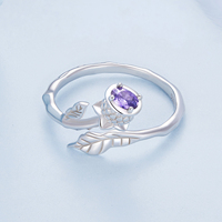 Bague ajustable en argent sterling 925 avec zircon violet en forme de fleur pour femme, bijoux fins romantiques BSR397