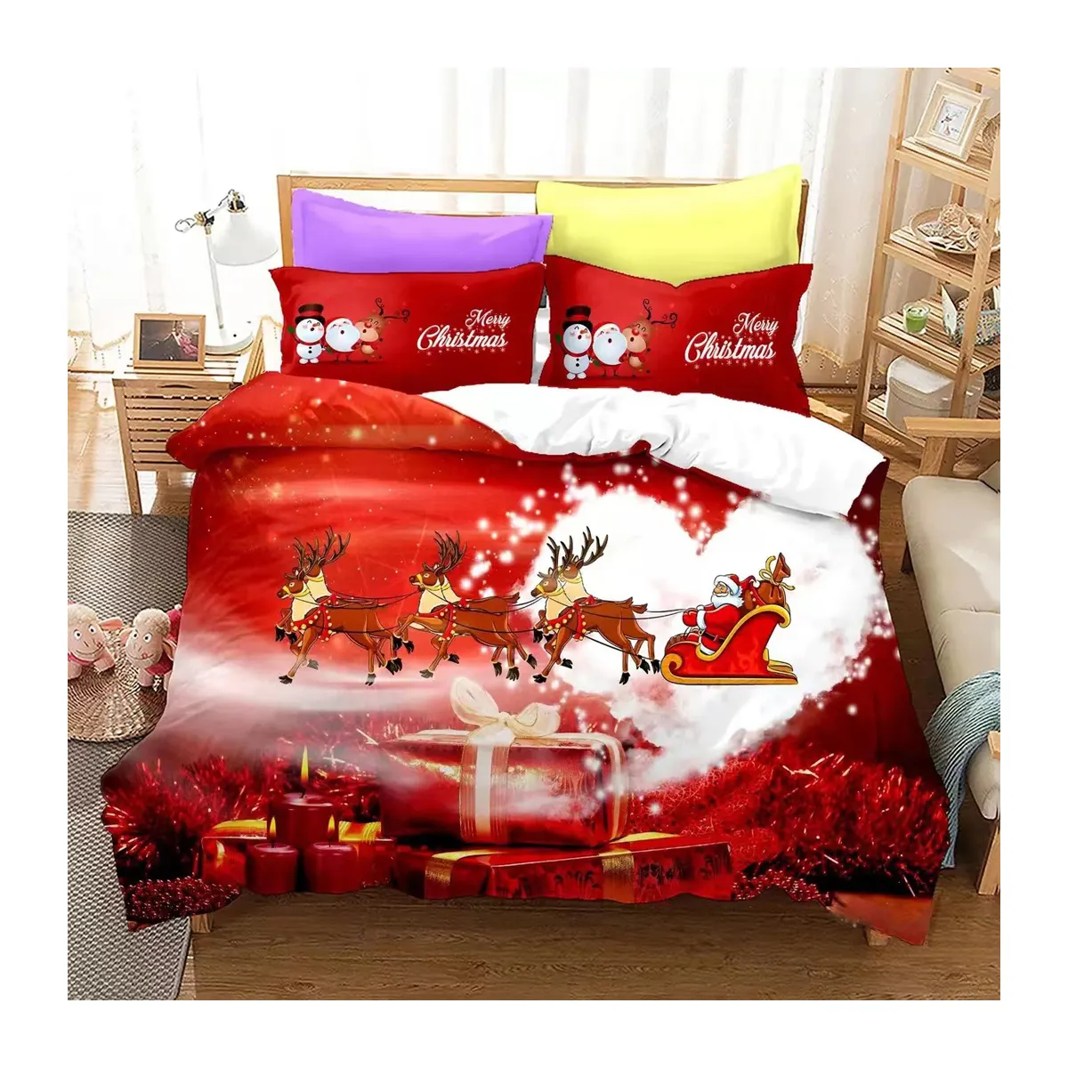 Luxury Holiday Decoration 1 Duvet Cover+2 Pillowcases Queen Size Snowflake Decor Red Bedding Set Christmas Duvet Cover Set