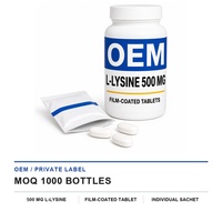 Fabricant OEM de comprimés de chlorhydrate de L-lysine 500 mg sous film, conditionnés en sachet et en bouteille, marque privée, MOQ 1000 bouteilles
