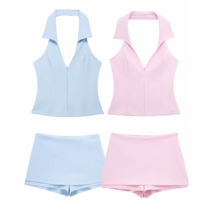 Logo personnalisé 2025 femmes Sexy rose Camis haut short ensemble été mode licou cou dos nu haut + doux rose pantalon court dame <span class=keywords><strong>costume</strong></span> - Product Image 1