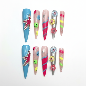 Set di chiodi lunghi da bara a stampa francese di lusso fatto a mano Rainbow Chic modello quadrato Aura riutilizzabile con colla - Product Image 2