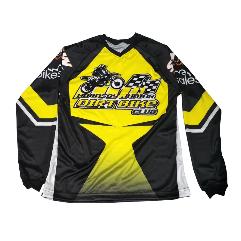 Atacado Low MOQ Custom Logo Motocross Equitação Jersey Amarelo Escolha o Tamanho Unisex Respirável Quick Dry Motorcycle Racing Shirt