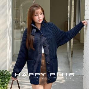 Cardigan en tricot pour femme Runqi, bleu marine, col montant, boutons en corne, grande taille, ensemble Softcore N9286 - Product Image 5