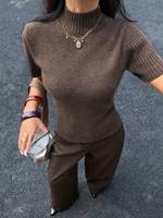 Pull tricoté côtelé à manches courtes et col montant pour femme, coupe ajustée, couleur unie, respirant, style décontracté printemps-automne