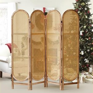 Paravent pliable multifonctionnel de style fusion moderne, à 4 volets, avec surface en <span class=keywords><strong>bois</strong></span> et design en rotin naturel - Product Image 3