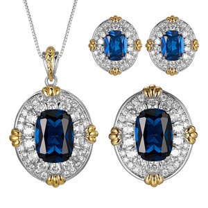 High End Eco-friendly Copper Dark Blue Cubic Zirconia 10*14-6*8mm Royal Blue Zircon Necklace Earring Rings 3PCS Jewelry Set - Product Image 1