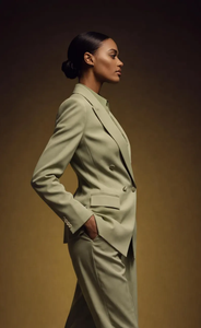 Costume vert sauge à double boutonnage, blazer structuré, ensemble pantalon ajusté, tenue de bureau élégante pour femmes, tenue professionnelle - Product Image 3