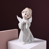 Figurine d'ange en céramique brillante, ailes dorées, chérubin ailé, artisanat en résine, robe blanche, bleu clair, gris, mini ornement de bureau