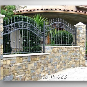 Iron <b>Wire</b> <b>Mesh</b> Fence LB-IF-023 Outdoor Wrought Iron Gate For Villa Garden Security Barrier With Stone Wall Integration - Product Image 1