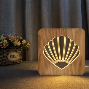 创意贝壳造型木制镂空雕刻3D夜灯发光二极管u盘台灯家用卧室床头灯暖白光