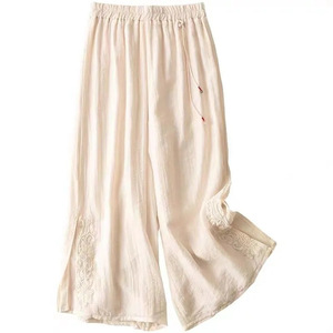 Retro Embroidered Cotton Linen Wide Leg Pants Women Summer <b>Elastic</b> Waist Breathable Casual Loose Style - Product Image 5