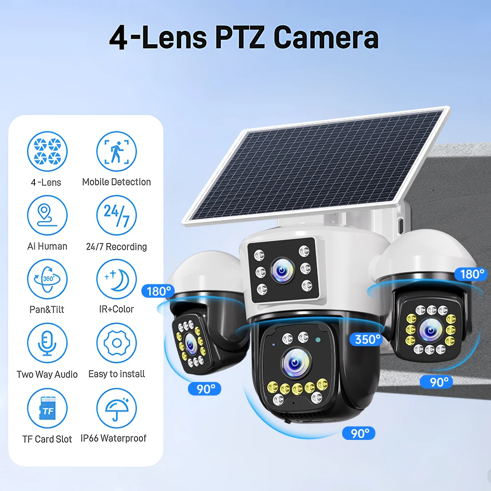 12MP Solar PTZ Security CCTV Camera 4 Lens 4 Screen 360° View Wireless Outdoor IP Camera AI Detection Color Night Vision IP66