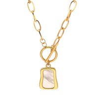 Collier long personnalisé en acier inoxydable 316L avec pendentif médaillon en zircon carré, nœud, perle et coquille blanche pour femme